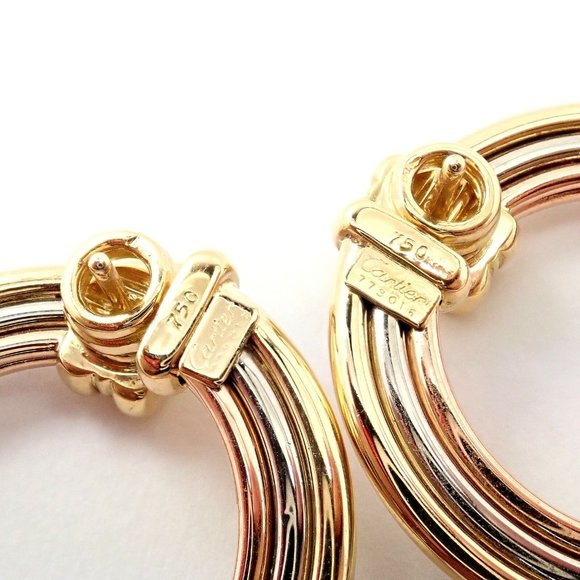 Authentic! Cartier 18k Tri-Color Gold Large Trinity Hoop Earrings - Picture 7 of 12